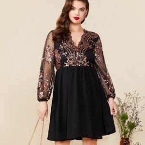 SHEIN Plus Contrast Sequin Mesh Sleeve Flare Dress